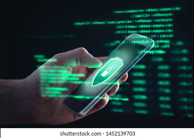 Phishing, Cyber Security, Online Information Breach Or Identity Theft Crime Concept. Hacked Phone. Hacker And Cellphone With Hologram Data. Mobile Scam, Fraud Or Crime. Cybersecurity Infringement.