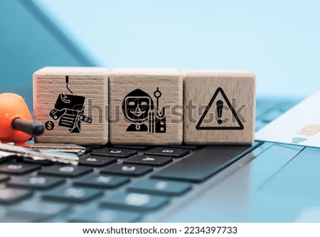 phishing or scaming concept on cube blocks on blue background with copy space

