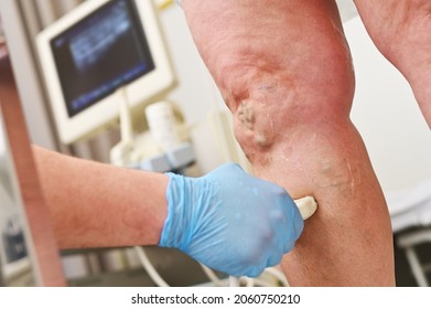 a phlebologist does an ultrasound of the veins of a patient with varicose veins.phlebology - study of venous pathologies of the lower extremities