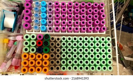 Phlebotomy Blood Tubes In Racks In Hospital Lab