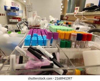 Phlebotomy Blood Tubes In Racks In Hospital Lab