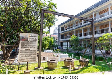 Phnom Penh, Cambodia - 01 06 2019: A Frame At Tuol Sleng School Where Victims Of The Khmer Rouge Were Hung Upside Down In Barrels Of Excrement As A Method Of Torture.