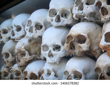 Phnom Penh, Cambodia. 29-12-2018. On Display In A Glass Case, Skulls Of People Murdered By The Khmer Rouge At The Killing Fields, During The Cambodian Holocaust.