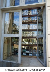 Phnom Penh, Cambodia. 29-12-2018. On Display, In Glass Cases, Skulls Of The Dead, Victims Of The Cambodian Holocaust, Wait For Tourists To Arrive.