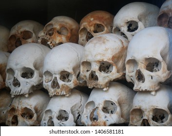 Phnom Penh, Cambodia. 29-12-2018. Skulls Of People Murdered By The Khmer Rouge At The Killing Fields, During The Cambodian Holocaust.