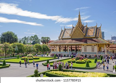 Phnom Penh, Cambodia - April 8, 2018: Phochani Pavilion (dance hall or dance theater) of the Cambodian royal palace, currently used for Royal receptions  with tourists visiting a popular attraction