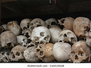 Phnom Penh, Cambodia. Jan 11th 2012. Skulls Of Young Men Murdered By The Pol Pot Regime In The Killing Fields Of The Cambodian Holocaust; On Display In A Shrine To The Dead.