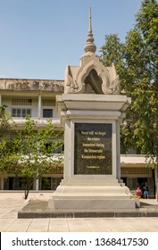 Phnom Penh, Cambodia - March 5, 2019:  Visitors at memorial to victims at the Tuol Sleng Genocide Museum, formerly S21 school  detention and torture center ofKhmer Rouge,  in Phnom Penh Cambodia