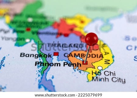 Phnom Penh map. Phnom Penh pin map. Close up of Phnom Penh map with red pin. Map with red pin point of Phnom Penh in Cambodia.
