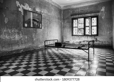 Phnom Penh/Cambodia - 09.03.2020: Black And White Photography Of World Famous Genocide. Torture And Prisoner's Cells In Ex School Turned Into Secret Prison Under Pol Pot Regime.