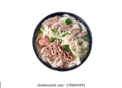 Pho Bo With Herbs, Meat, Rice Noodles, Broth - Pho Noodle Is Traditional Vietnamese Soup. Pho Is Well-know In The World. Isolated On White Background.