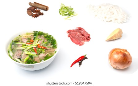 Pho Bo With Ingredients Isolated