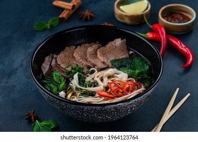 pho bo soup with beef, Pho bo Vietnamese food, rice noodle soup with sliced beef. Vietnamese fresh rice noodle soup with beef. Vietnam's national dish