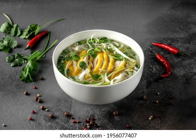 Pho Ga or chicken noodle soup. concept of vietnamese food, side view