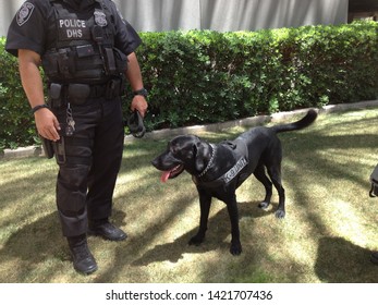 Phoenix, Ariz. / US - August 19, 2013: A Federal Police Officer And Canine Officer At Work.