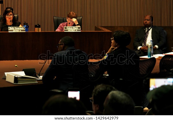 Phoenix, Ariz. / US - June 19, 2019: Police Chief\
Jeri Williams at a City Council Meeting hearing community concerns\
about police violence after officers held the Ames Harper family at\
gunpoint. 7651