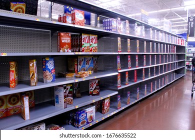 Phoenix, Ariz. / US - March 18, 2020: The Day After Phoenix Announced Coronavirus  Restrictions For Bars And Restaurants, Panic Shopping Leaves Shelves Almost Empty Of Cereal. 8544