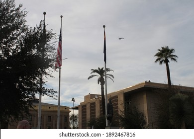 Phoenix, Ariz., USA - Jan 6, 2021: Law Enforcement Observe A Trump Rally From The Roof Of The Arizona State Capitol On The Same Day Others Storm The US Capitol In DC. 3909