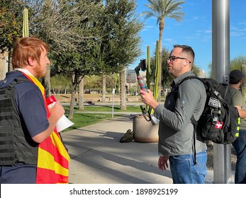 Phoenix, Ariz., USA - January 20, 2021: Trump Supporters upset About Election Results Talk To Media, Missing The Inauguration of President Biden And Vice President Harris. 1659