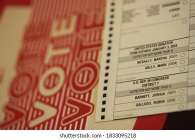 Phoenix, Ariz. / USA - October 13, 2020: A 2020 election ballot with Arizona's candidates for the US Senate, Mark Kelly and Martha McSally, listed. 1376