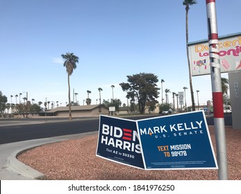 Phoenix, Ariz. / USA - October 26, 2020: Signs Urge Voters To Consider Candidates, Including Mark Kelly For Arizona Senate And For President, Joe Biden With Running Mate Kamala Harris. 0092