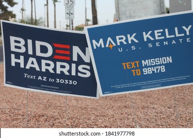 Phoenix, Ariz. / USA - October 26, 2020: Signs Urge Voters To Consider Candidates, Including Mark Kelly For Arizona Senate And For President, Joe Biden With Running Mate Kamala Harris. 1596