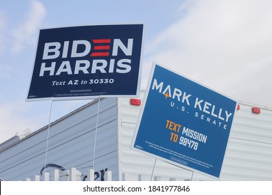 Phoenix, Ariz. / USA - October 26, 2020: Signs Urge Voters To Consider Candidates, Including Mark Kelly For Arizona Senate And For President, Joe Biden With Running Mate Kamala Harris. 1534