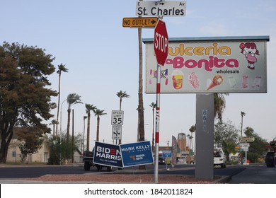 Phoenix, Ariz. / USA - October 26, 2020: Signs Urge Voters To Consider Candidates, Including Mark Kelly For Arizona Senate And For President, Joe Biden With Running Mate Kamala Harris. 1432