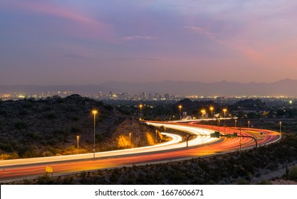 Phoenix, Arizona Freeway Sunset With Skyline