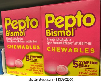 Phoenix, Arizona, July 2, 2018: Pepto Bismol Medicine On A Store Shelf