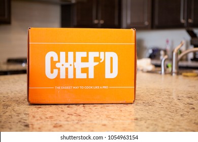 PHOENIX, ARIZONA, MARCH 22, 2018: Chef'd Meal Delivery Kit Box On Kitchen Counter