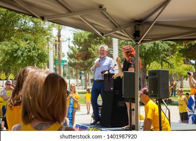 PHOENIX, ARIZONA – MAY 18, 2019: Del Bigtree Speaks, Next To A Sign Language Interpreter, At The Arizona March For Medical Freedom At The State Capitol Building. Rally To Protect Medical Rights.