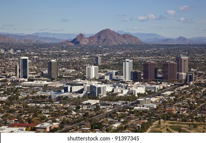 Phoenix, Arizona skyline along Central Avenue with Camelback Mountain in the distance