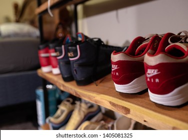 Phoenix, Arizona/ United States- May 22, 2019: Lineup Of Different Nike Brand Of Shoes Including Air Max, Blazers, Air Jordans, And Wotherspoon Shoes.