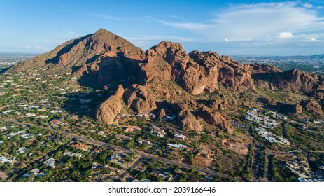 "Phoenix, Arizona USA - 8-10-2021: Aerial view of Camelback Mountain."