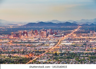Phoenix, Arizona, USA downtown cityscape from above at dusk. 