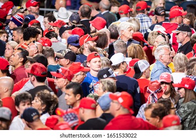 Phoenix, Arizona / USA- Feb 19 2020: President Donald Trump Supporters During A Campaign Rally At Veterans Memorial Coliseum.