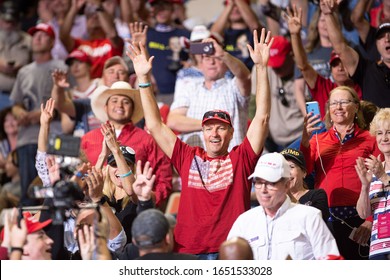 Phoenix, Arizona / USA- Feb 19 2020: President Donald Trump Supporters During A Campaign Rally At Veterans Memorial Coliseum.