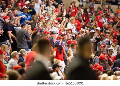 Phoenix, Arizona / USA- Feb 19 2020: President Donald Trump Supporters During A Campaign Rally At Veterans Memorial Coliseum.