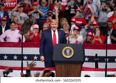 Phoenix, Arizona / USA- Feb 19 2020: President Donald Trump Speaks During A Campaign Rally At Veterans Memorial Coliseum