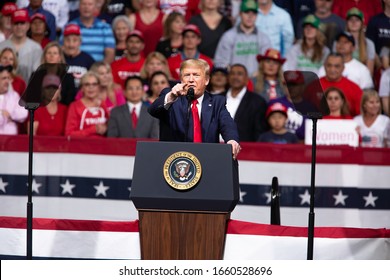 Phoenix, Arizona / USA- Feb 19 2020: President Donald Trump Speaks During A Campaign Rally At Veterans Memorial Coliseum.