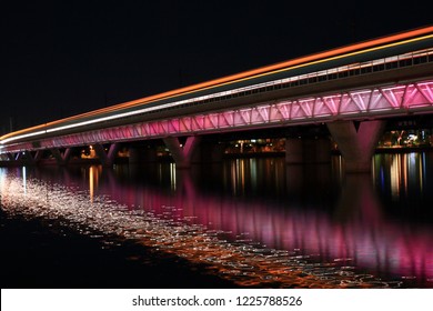 A Phoenix Arizona Valley Metro Light Rail Commuter Train Passing Over The Tempe Town Lake As It Is Headed Toward Phoenix Arizona From Tempe Arizona