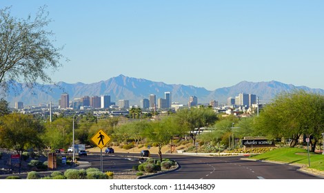 PHOENIX, AZ -23 FEB 2018- View Of The Downtown Phoenix Skyline Area From A Road In Arizona.