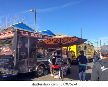 PHOENIX, AZ - FEBRUARY 5, 2016: People Checking L.A. Roots Latin American Influence Food Truck With Hot And Spicy Meals At Designated Spot In Downtown Of Phoenix, AZ