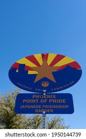 Phoenix, AZ - March 20, 2021: Phoenix Point Of Pride Sign At The Japanese Friendship Garden. The Phoenix Points Of Pride Are 33 Landmarks And Attractions.