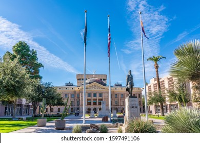 Phoenix, AZ - Nov. 30, 2019: The State Capitol Building Is Flanked By The State Senate And State House Of Representatives Buildings.