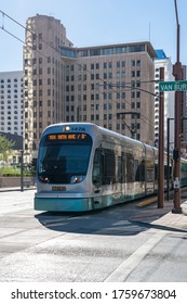 Phoenix, AZ - Nov. 30, 2019: Valley Metro Light Rail Vehicle Uses A Clean Energy Electric Populsion System.