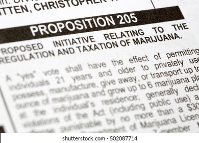 PHOENIX, AZ - OCTOBER 21, 2016: Closeup Photo Of Headline Of Proposition 205 Initiative To Make Marijuana Legal On United States Voting Ballot