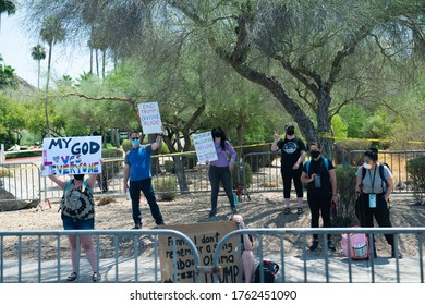 Phoenix AZ, USA. 23rd June, 2020. Protestors At Turning Point Event At Dream City Church In Phoenix, Arizona On June 23, 2020. 