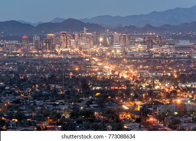 Phoenix, AZ, USA - December 12, 2017: Phoenix Downtown During Blue Hour. Phoenix Is The Capital Of The Southwestern U.S. State Of Arizona.